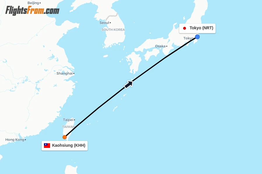 Flights from Kaohsiung to Tokyo route map