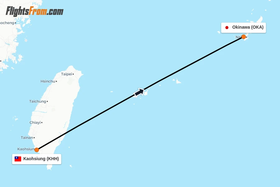 Flights from Kaohsiung to Okinawa route map