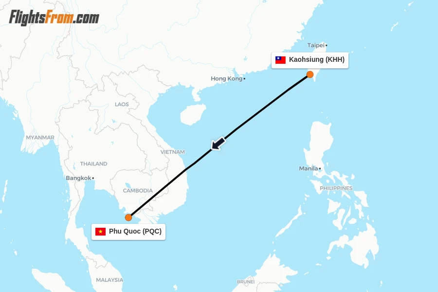 Flights from Kaohsiung to Phu Quoc route map