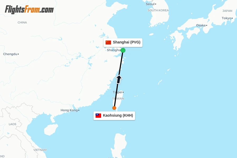 Flights from Kaohsiung to Shanghai route map