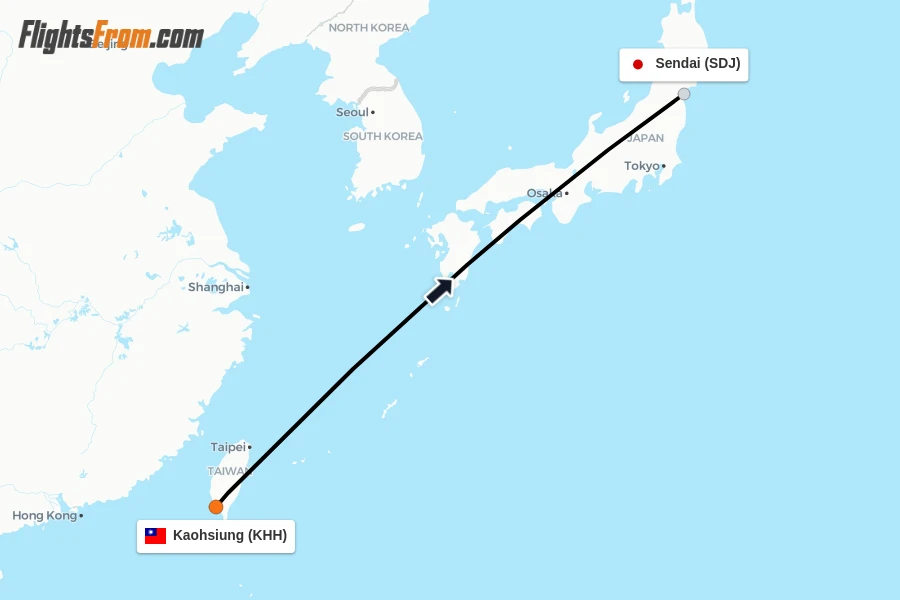 Flights from Kaohsiung to Sendai route map