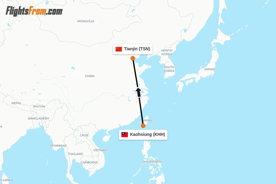 Flights from Kaohsiung to Tianjin route map
