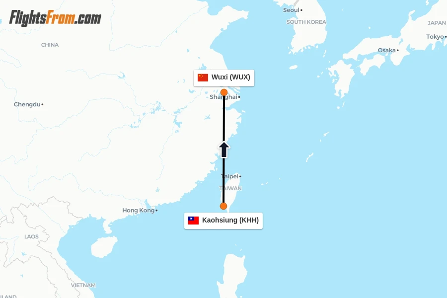 Flights from Kaohsiung to Wuxi route map