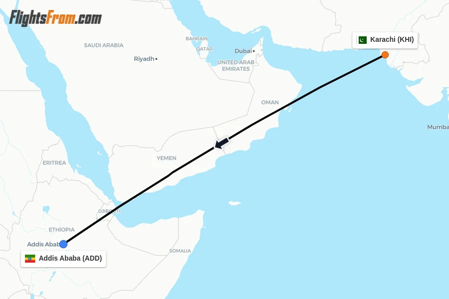 Flights from Karachi to Addis Ababa route map