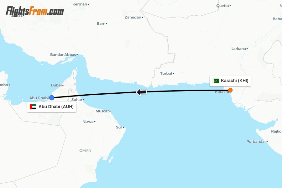 Flights from Karachi to Abu Dhabi route map
