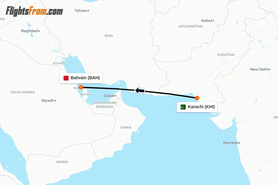 Flights from Karachi to Bahrain route map