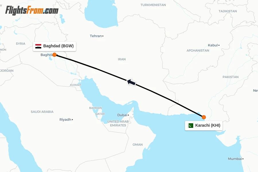 Flights from Karachi to Baghdad route map