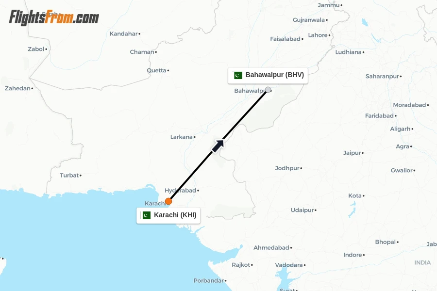 Flights from Karachi to Bahawalpur route map