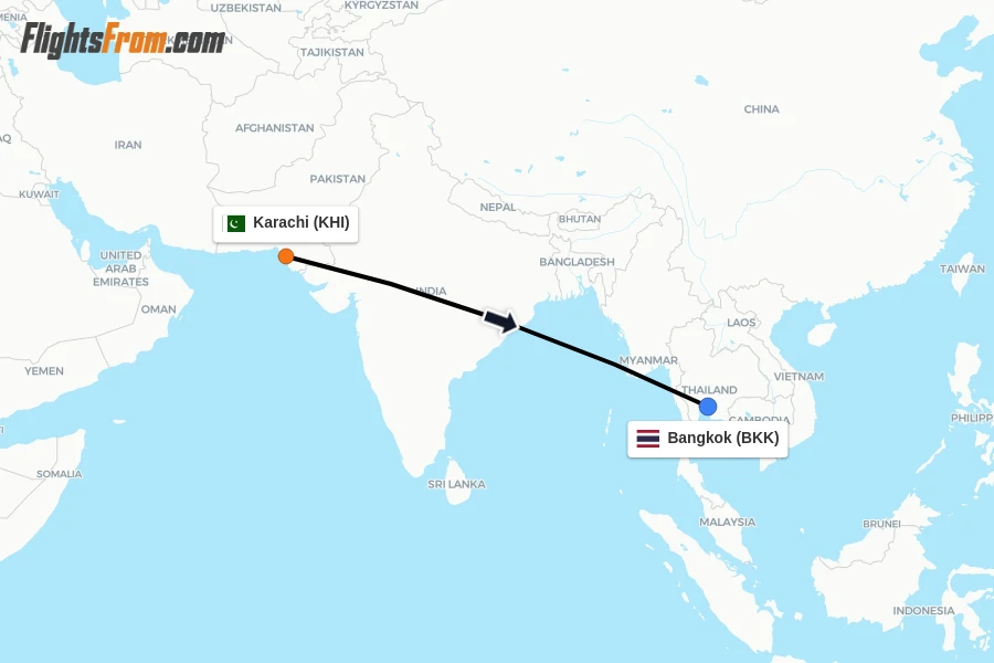 Flights from Karachi to Bangkok route map