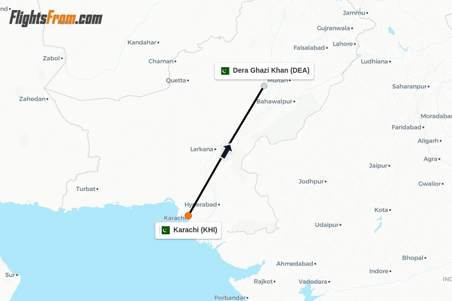 Flights from Karachi to Dera Ghazi Khan route map