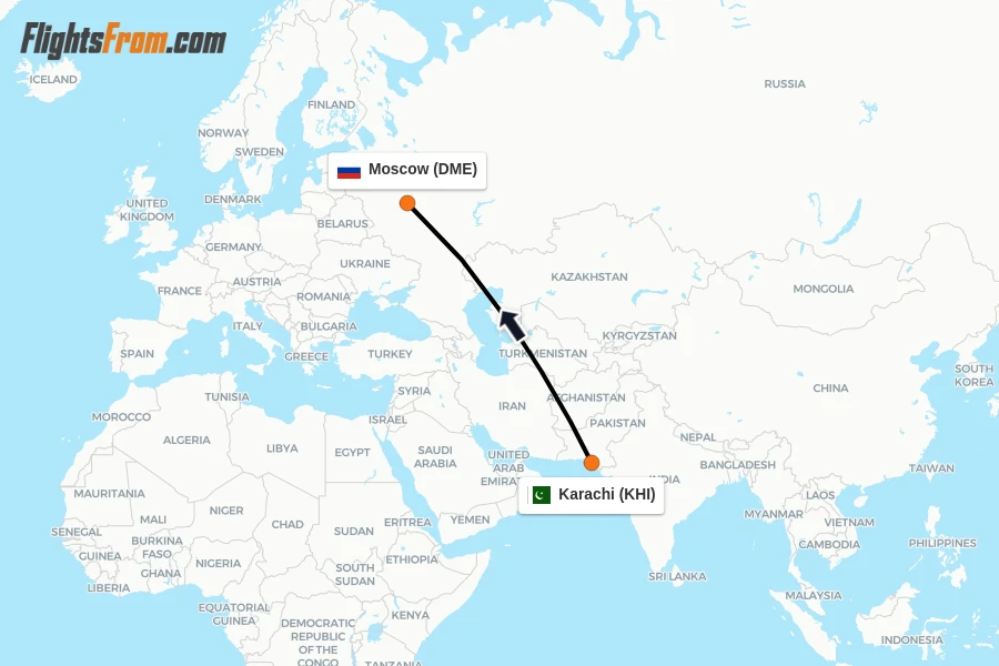 Flights from Karachi to Moscow route map