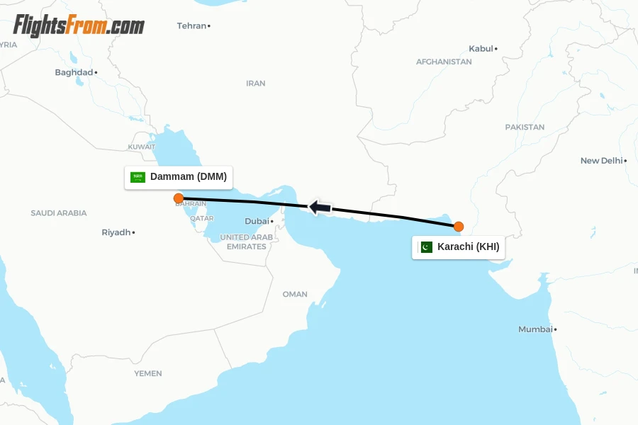 Flights from Karachi to Dammam route map