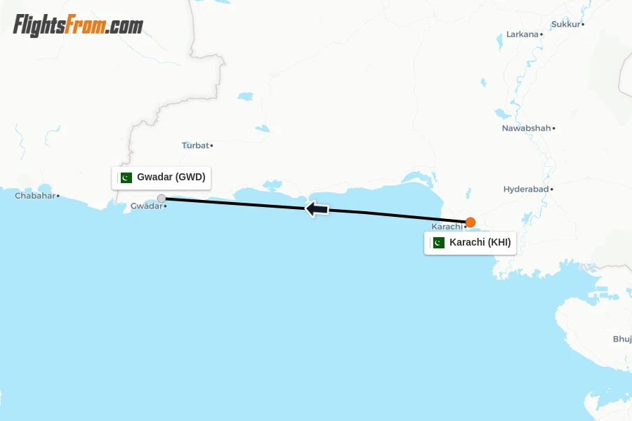 Flights from Karachi to Gwadar route map