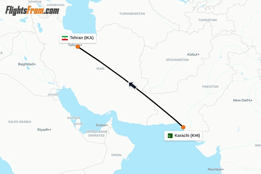 Flights from Karachi to Tehran route map