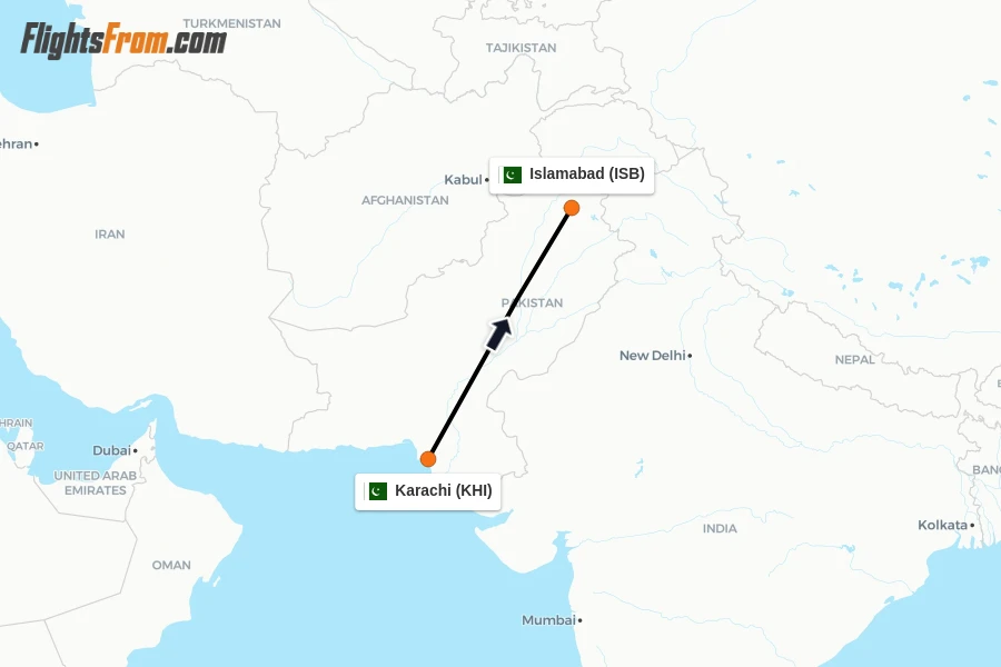 Flights from Karachi to Islamabad route map