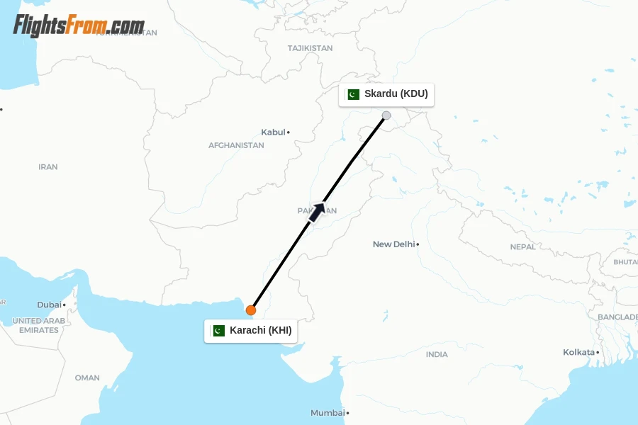 Flights from Karachi to Skardu route map
