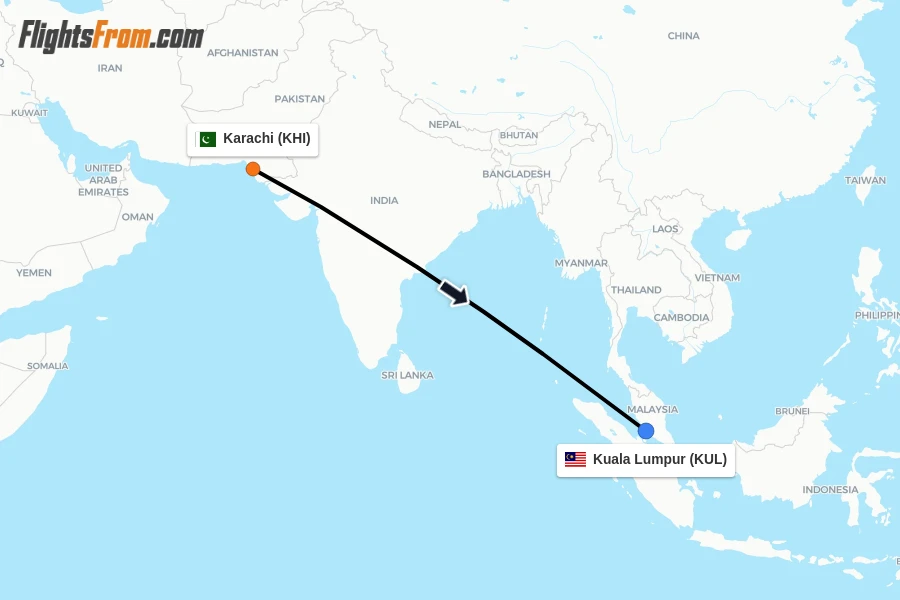Flights from Karachi to Kuala Lumpur route map