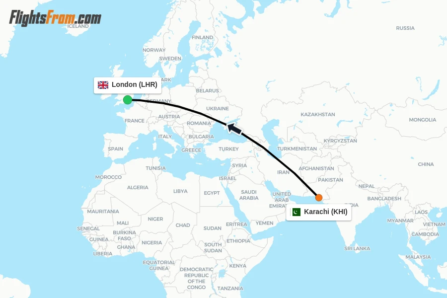 Flights from Karachi to London route map