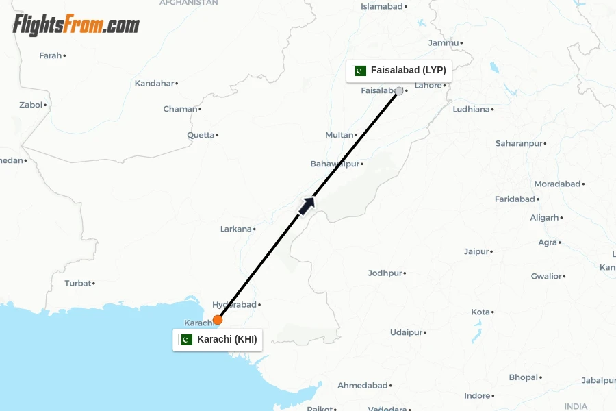 Flights from Karachi to Faisalabad route map
