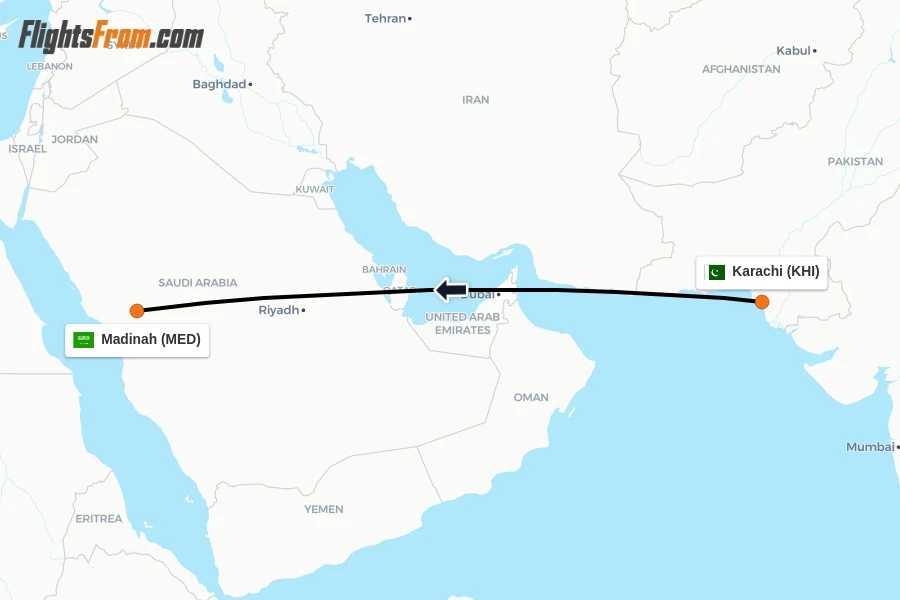 Flights from Karachi to Madinah route map