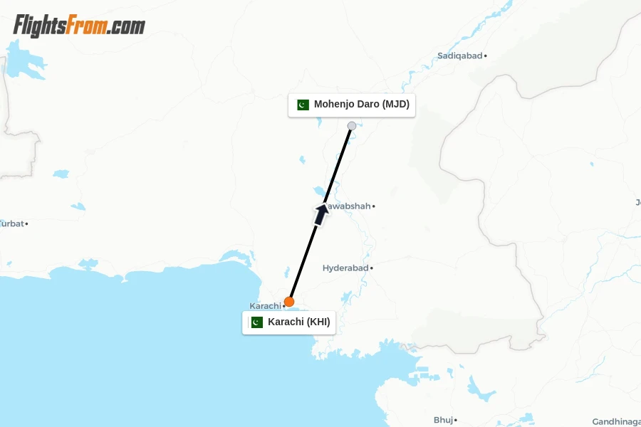 Flights from Karachi to Mohenjo Daro route map