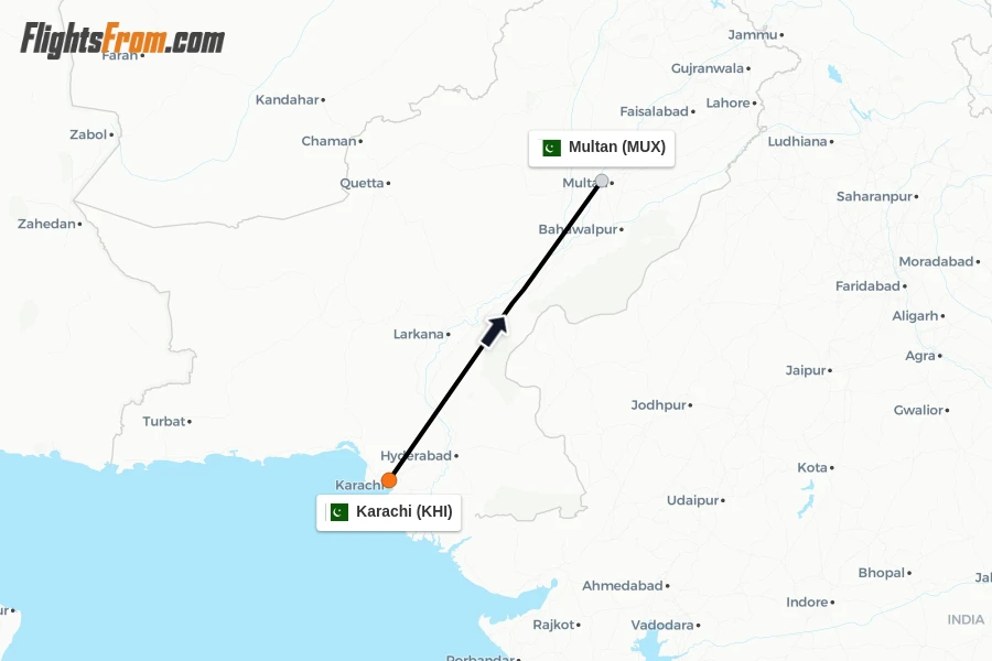Flights from Karachi to Multan route map