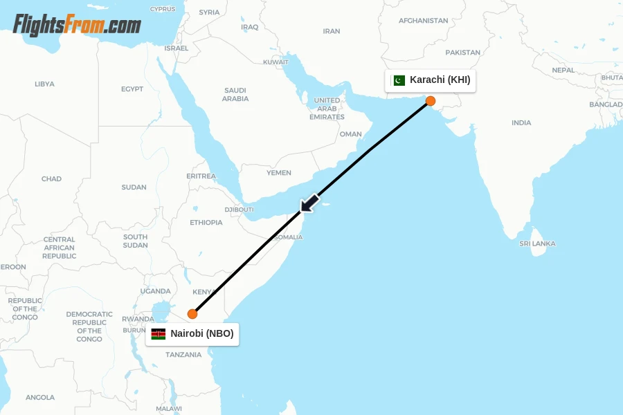 Flights from Karachi to Nairobi route map