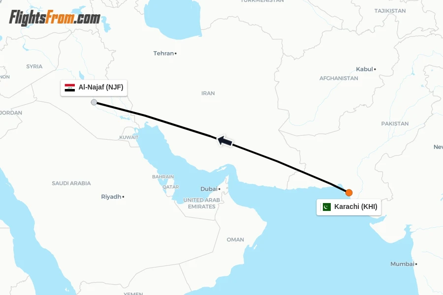 Flights from Karachi to Al-Najaf route map