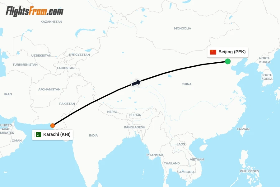 Flights from Karachi to Beijing route map