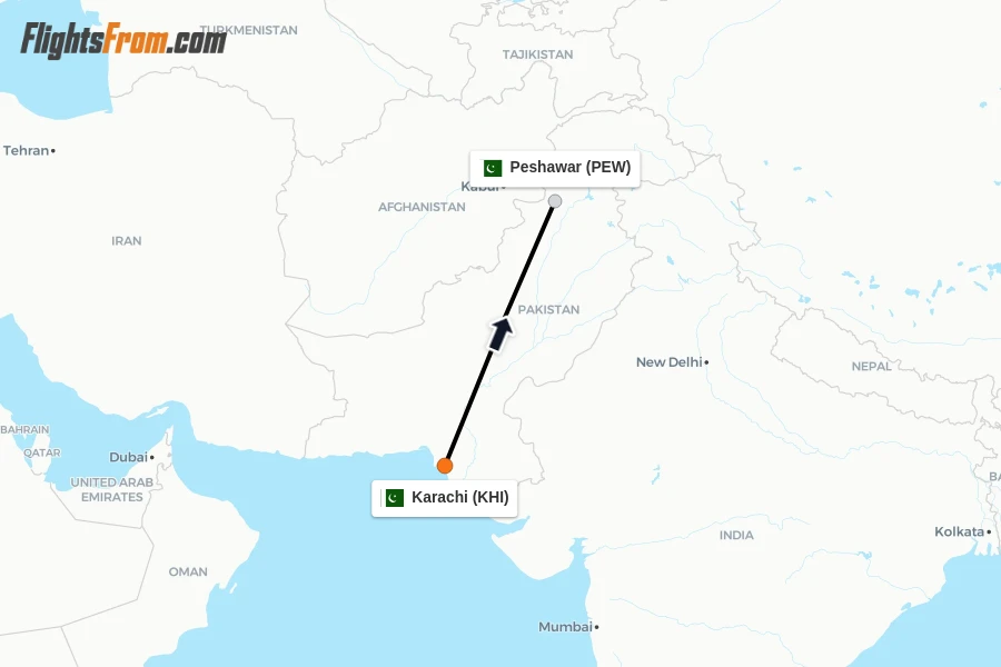 Flights from Karachi to Peshawar route map