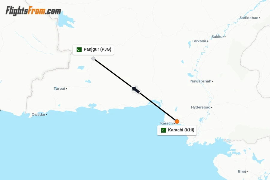 Flights from Karachi to Panjgur route map