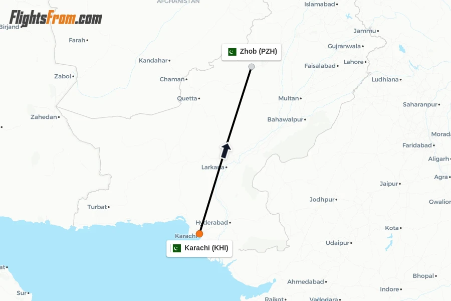 Flights from Karachi to Zhob route map