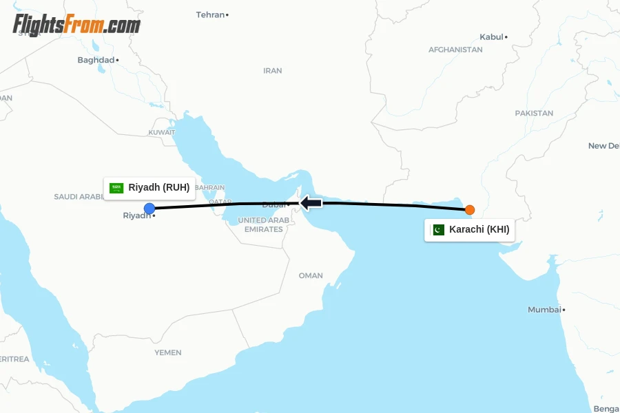 Flights from Karachi to Riyadh route map