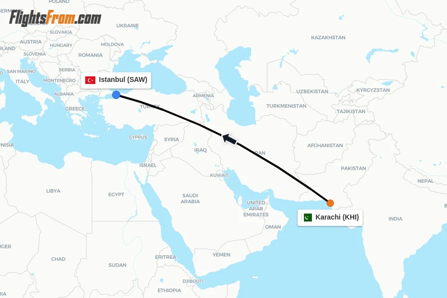 Flights from Karachi to Istanbul route map
