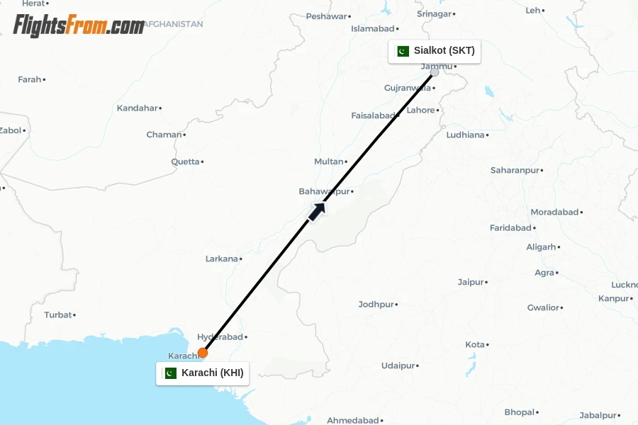 Flights from Karachi to Sialkot route map