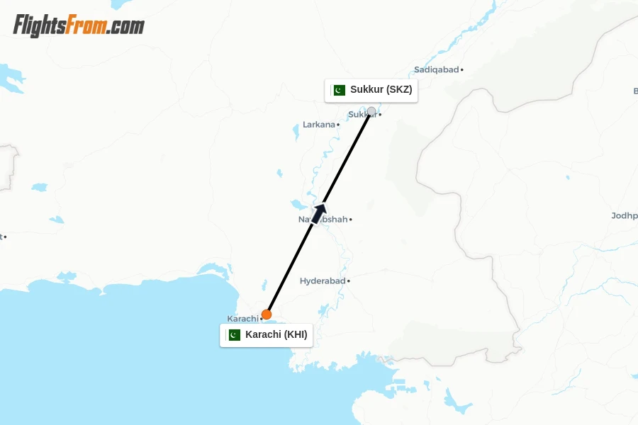 Flights from Karachi to Sukkur route map