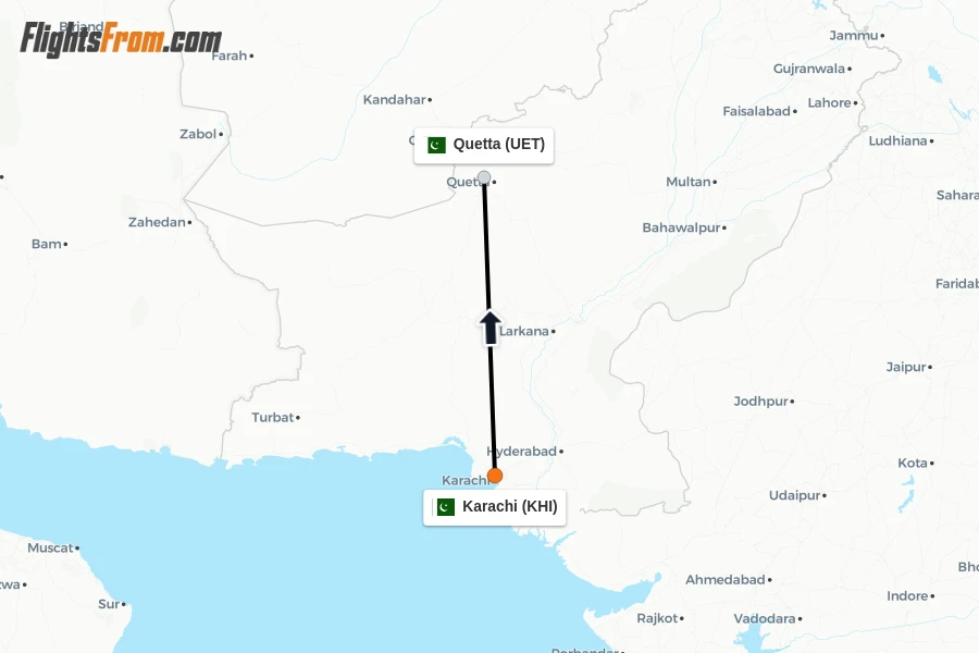Flights from Karachi to Quetta route map
