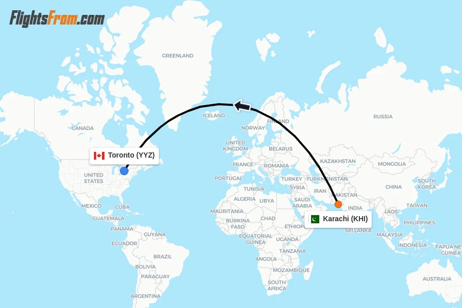 Flights from Karachi to Toronto route map