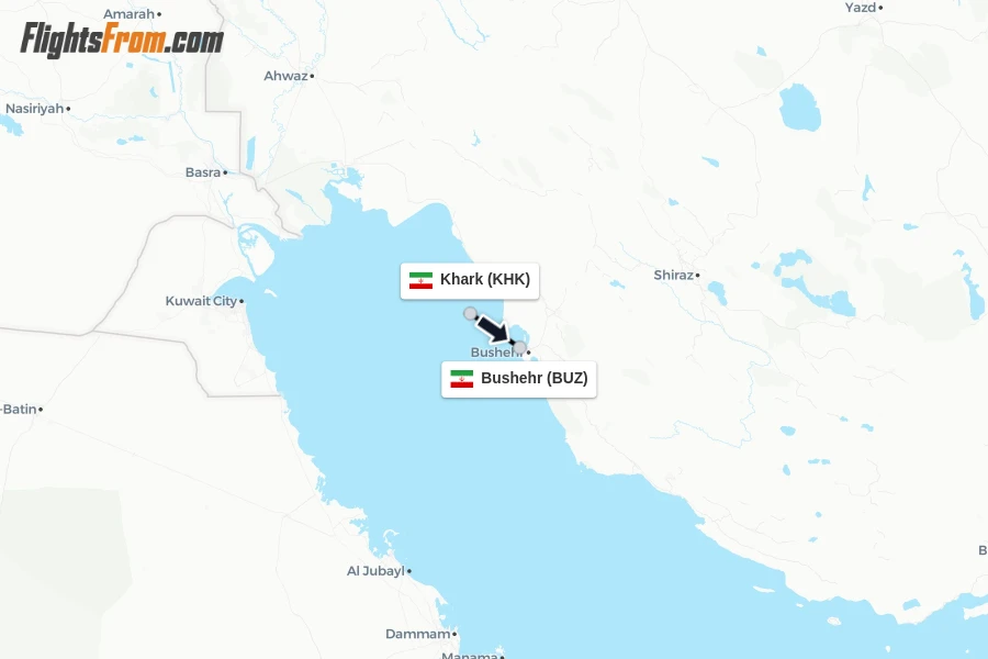 Flights from Khark to Bushehr route map