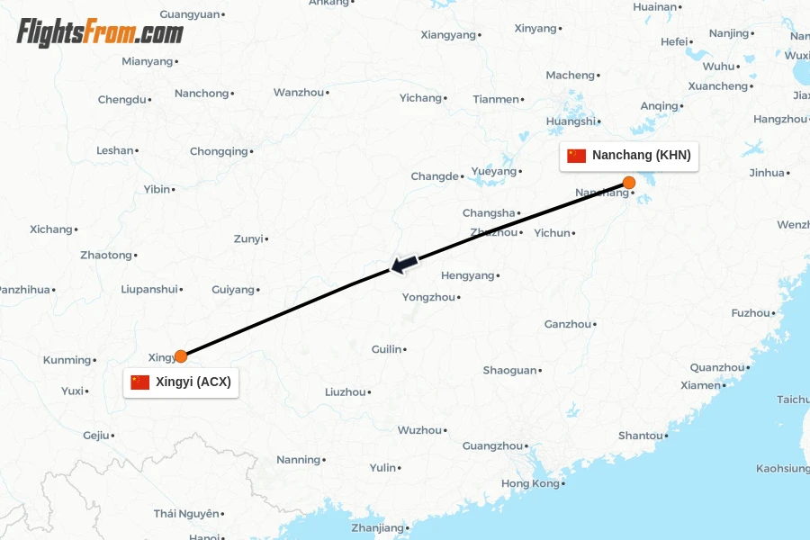 Flights from Nanchang to Xingyi route map