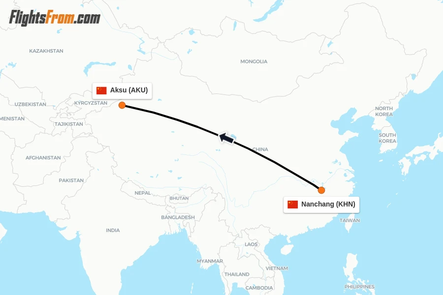 Flights from Nanchang to Aksu route map