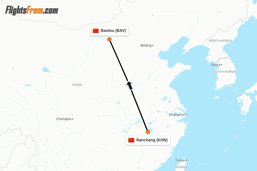 Flights from Nanchang to Baotou route map