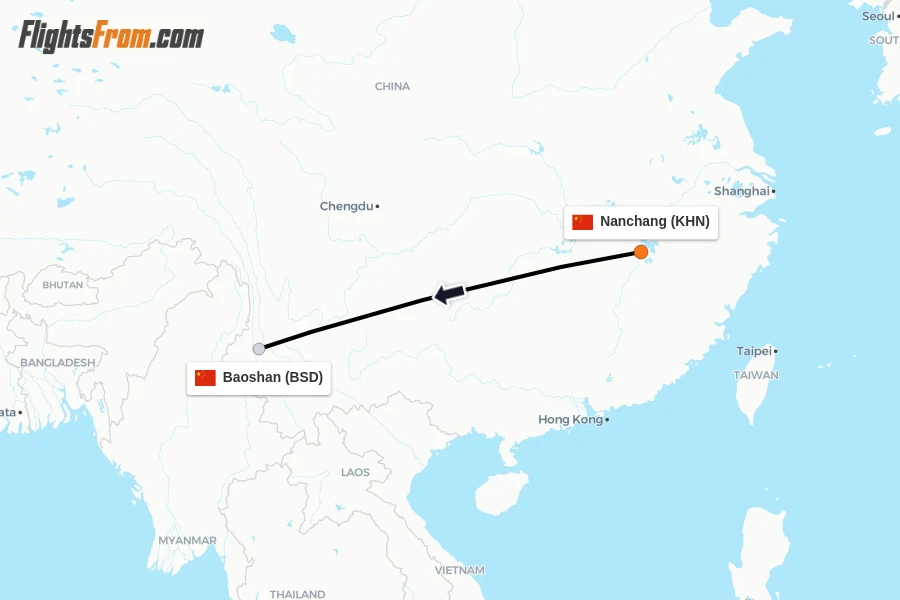 Flights from Nanchang to Baoshan route map