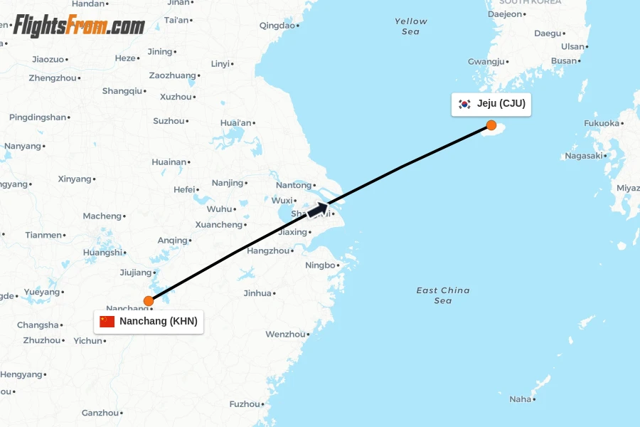 Flights from Nanchang to Jeju route map