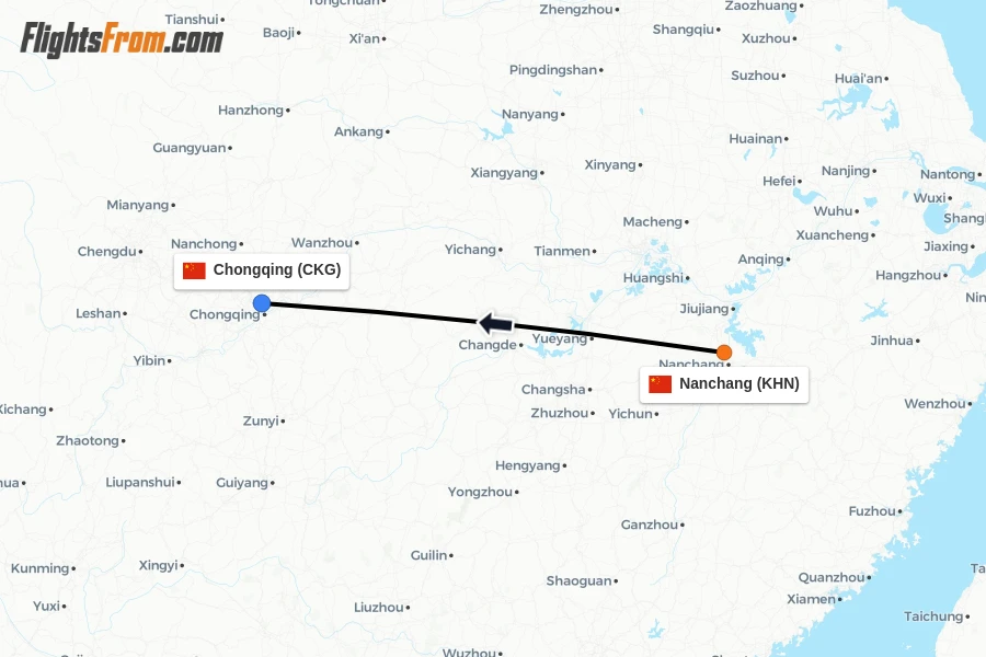 Flights from Nanchang to Chongqing route map