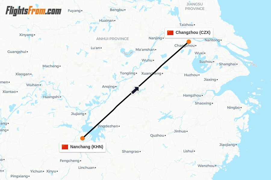 Flights from Nanchang to Changzhou route map