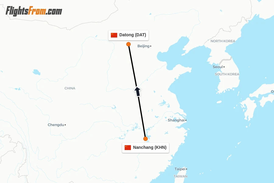 Flights from Nanchang to Datong route map