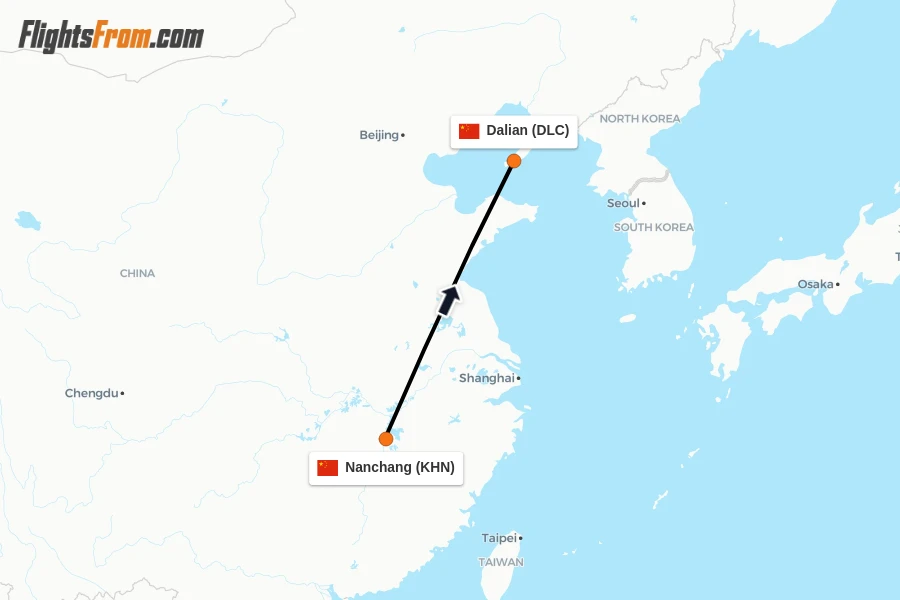 Flights from Nanchang to Dalian route map