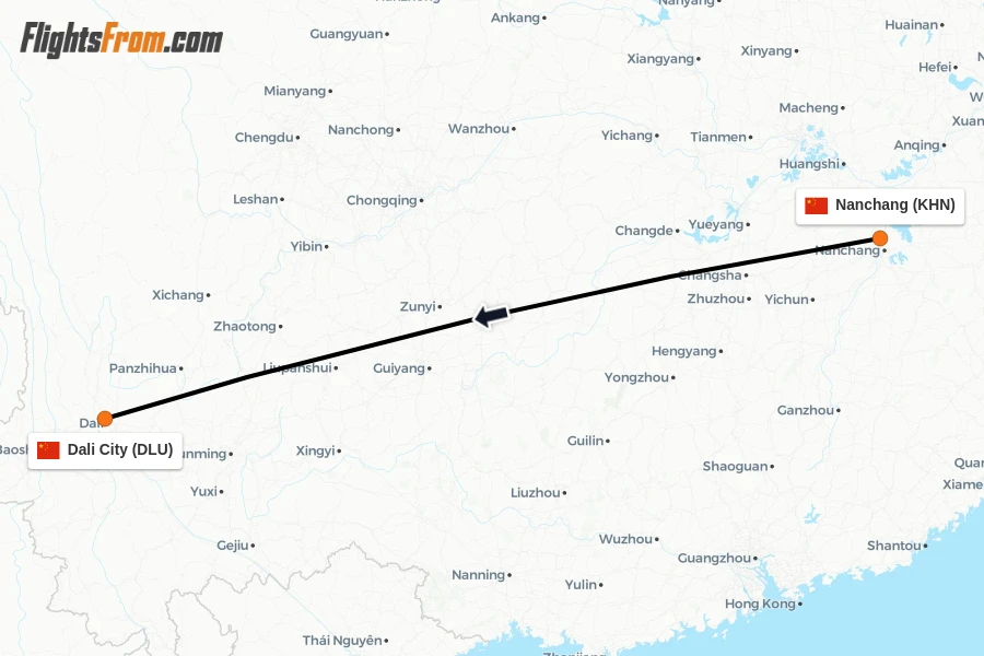 Flights from Nanchang to Dali City route map