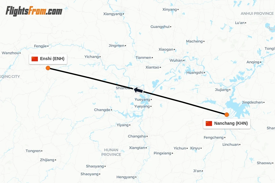Flights from Nanchang to Enshi route map